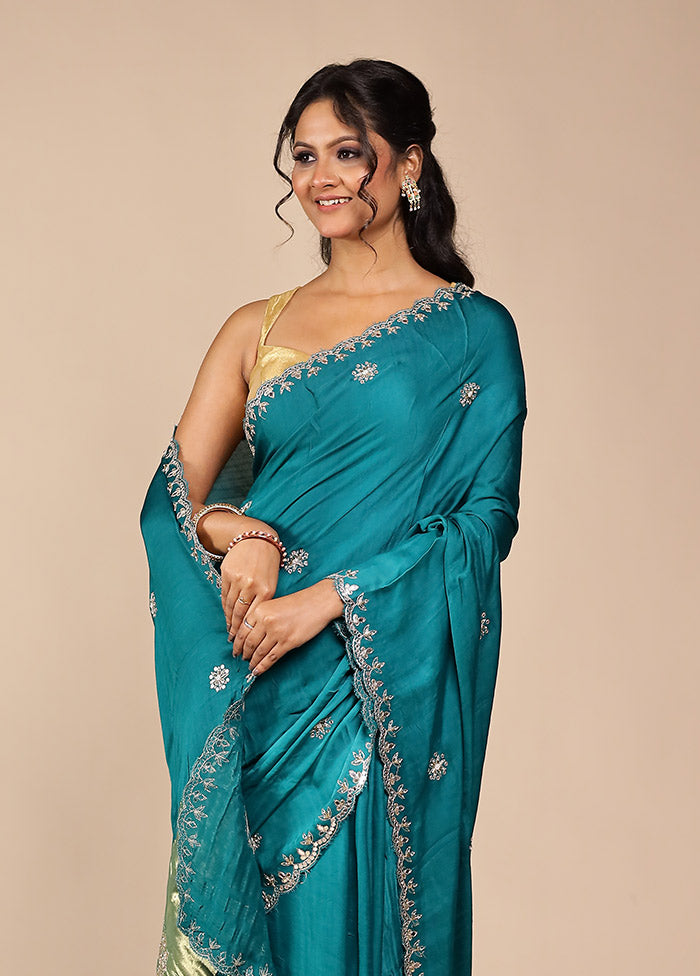 Blue Printed Pure Silk Saree With Blouse Piece
