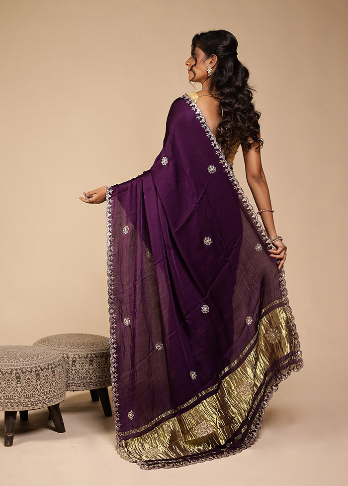 Purple Printed Pure Silk Saree Without Blouse Piece