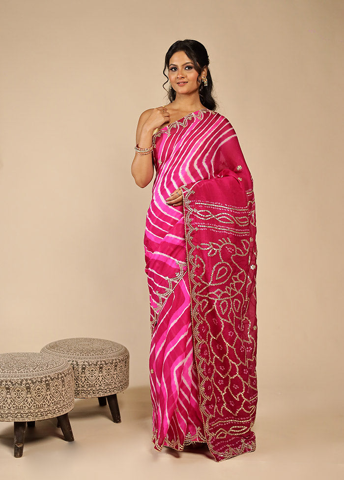 Purple Bandhej Saree With Blouse Piece