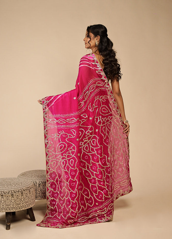 Purple Bandhej Saree With Blouse Piece