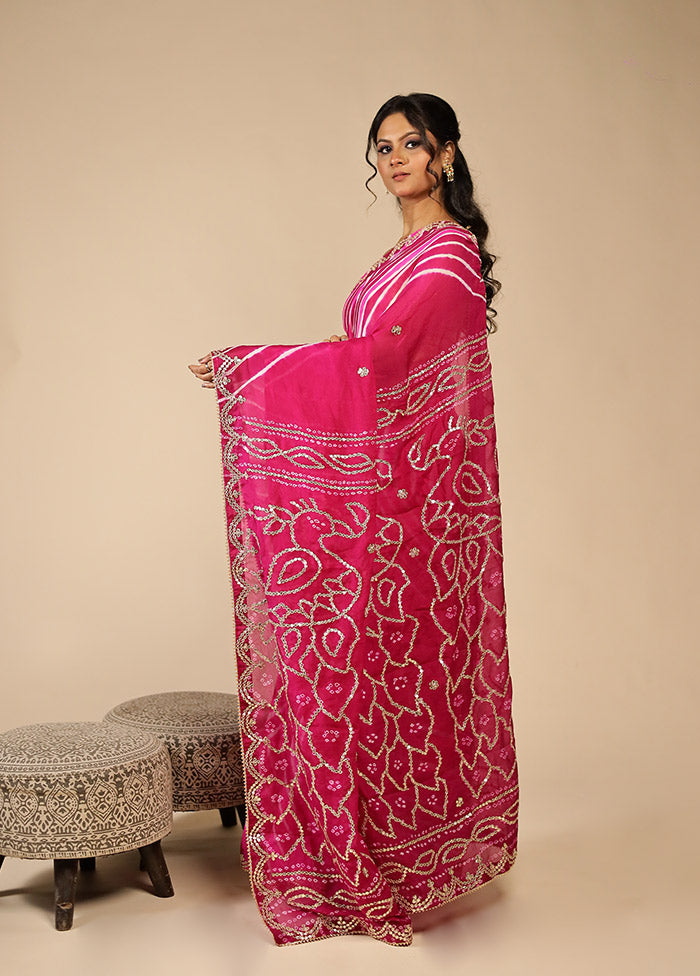 Purple Bandhej Saree With Blouse Piece