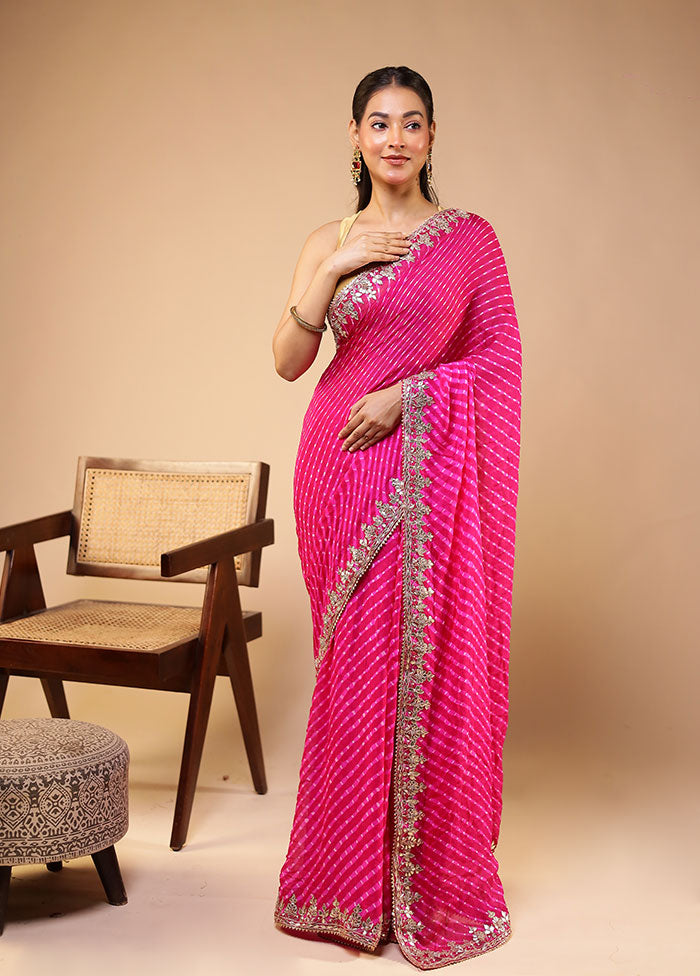 Pink Bandhej Pure Silk Saree With Blouse Piece