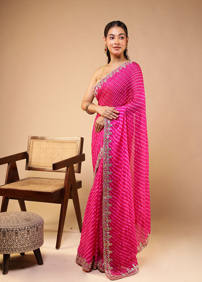 Pink Bandhej Pure Silk Saree With Blouse Piece