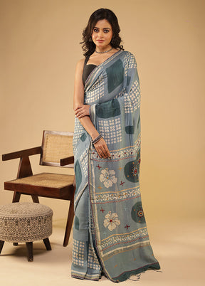 Grey Chanderi Silk Saree With Blouse Piece