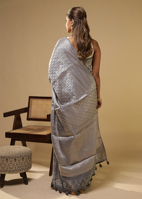 Grey Handloom Chanderi Pure Silk Saree With Blouse Piece