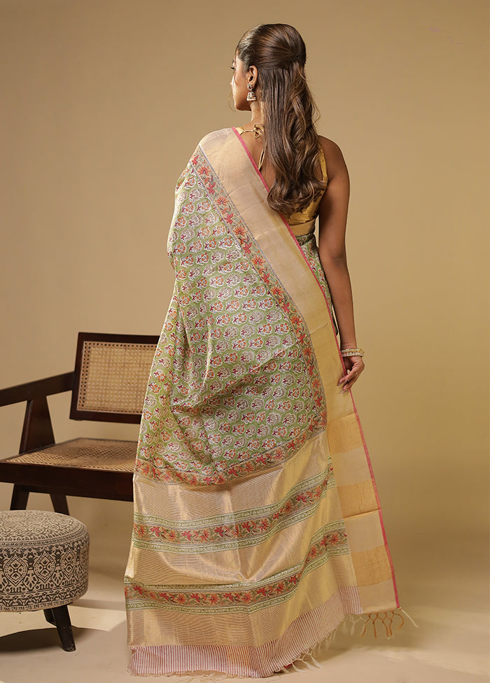 Green Handloom Tissue Pure Silk Saree With Blouse Piece