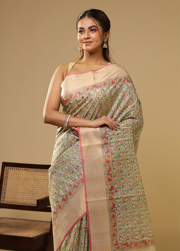 Green Handloom Tissue Pure Silk Saree With Blouse Piece