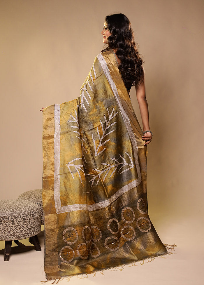 Yellow Handloom Tissue Pure Silk Saree With Blouse Piece