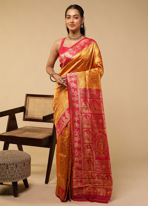 Yellow Baluchari Silk Saree With Blouse Piece