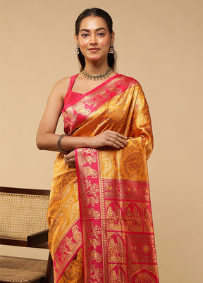 Yellow Baluchari Silk Saree With Blouse Piece