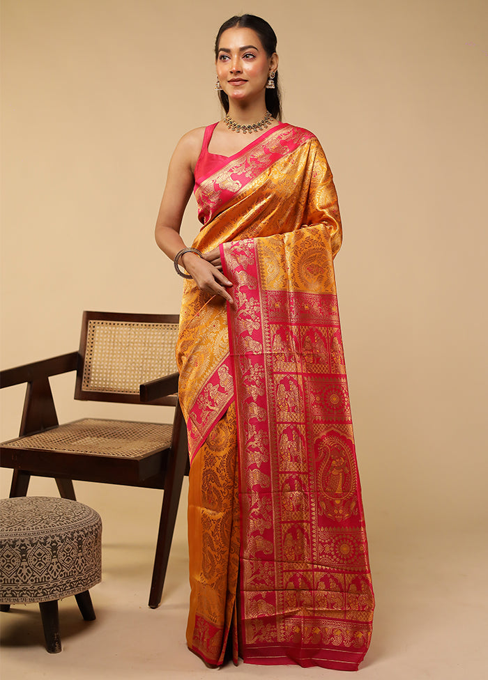 Yellow Baluchari Silk Saree With Blouse Piece