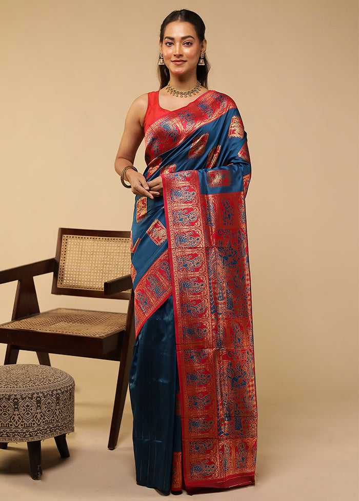 Blue Baluchari Silk Saree With Blouse Piece