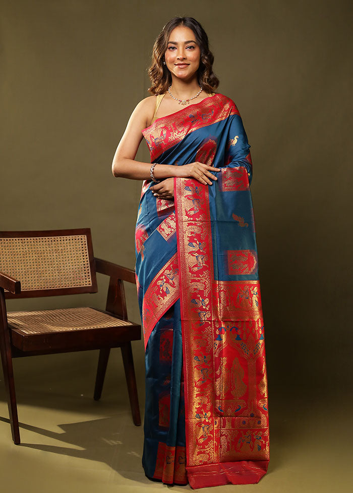 Blue Baluchari Silk Saree With Blouse Piece