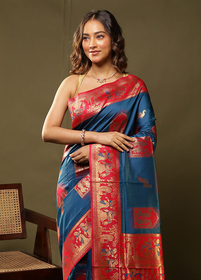 Blue Baluchari Silk Saree With Blouse Piece