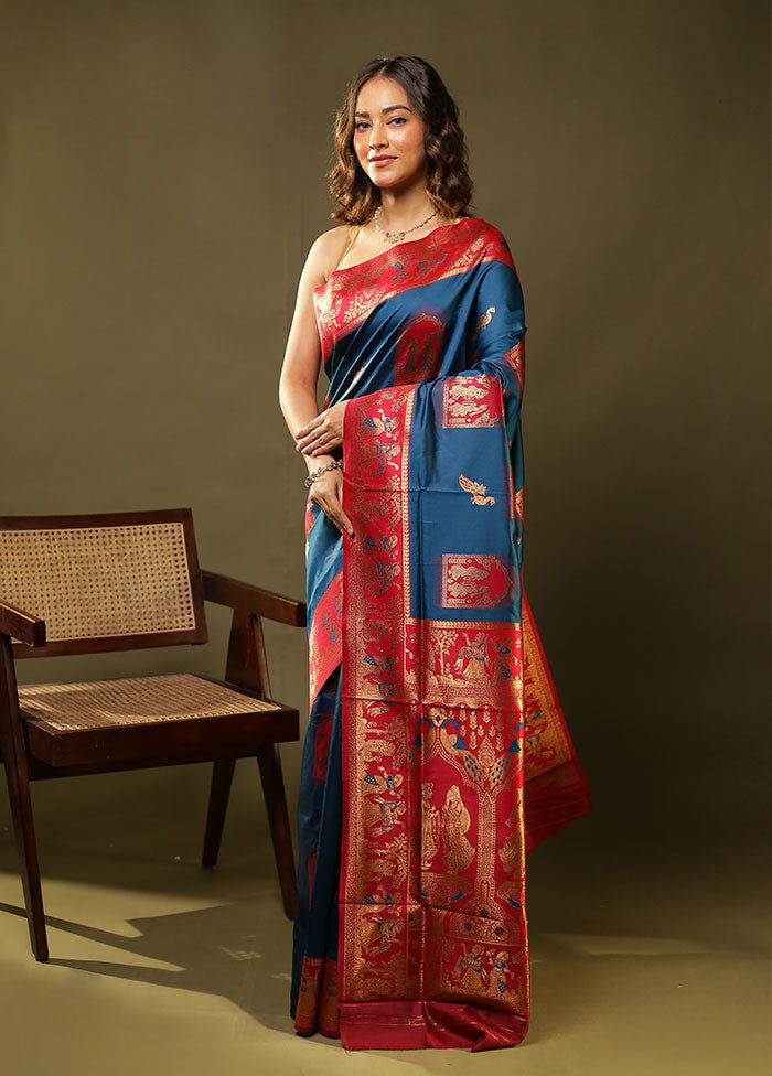 Blue Baluchari Silk Saree With Blouse Piece