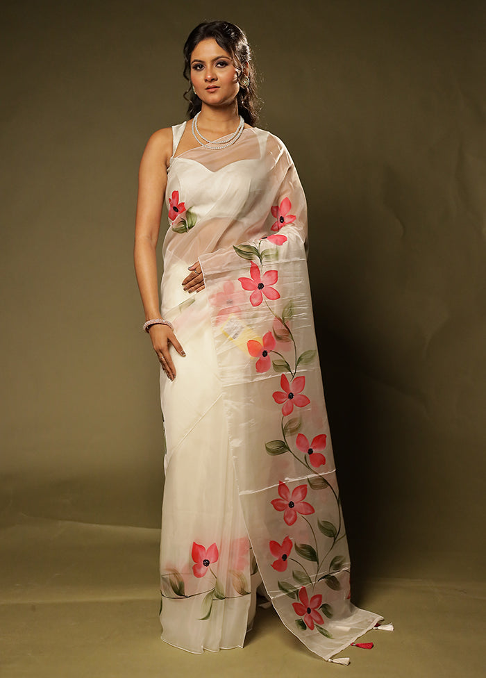 Cream Organza Saree With Blouse Piece