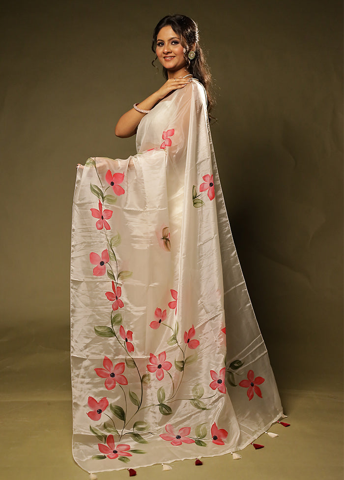 Cream Organza Saree With Blouse Piece