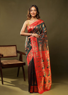 Green Baluchari Silk Saree With Blouse Piece