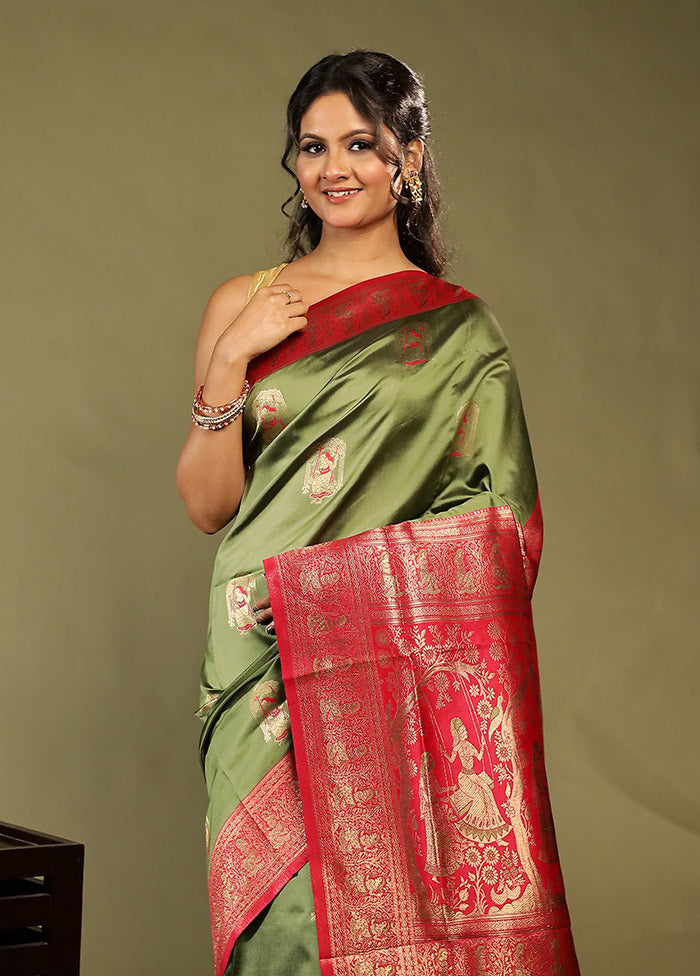 Green Baluchari Silk Saree With Blouse Piece
