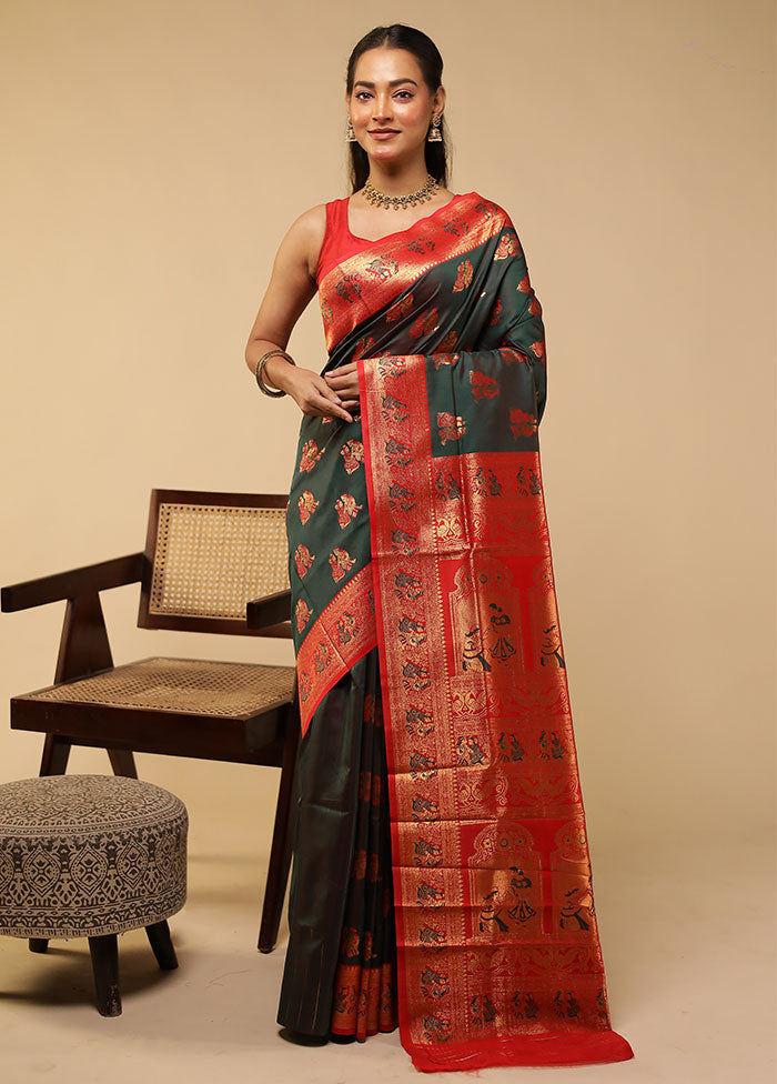 Green Baluchari Silk Saree With Blouse Piece