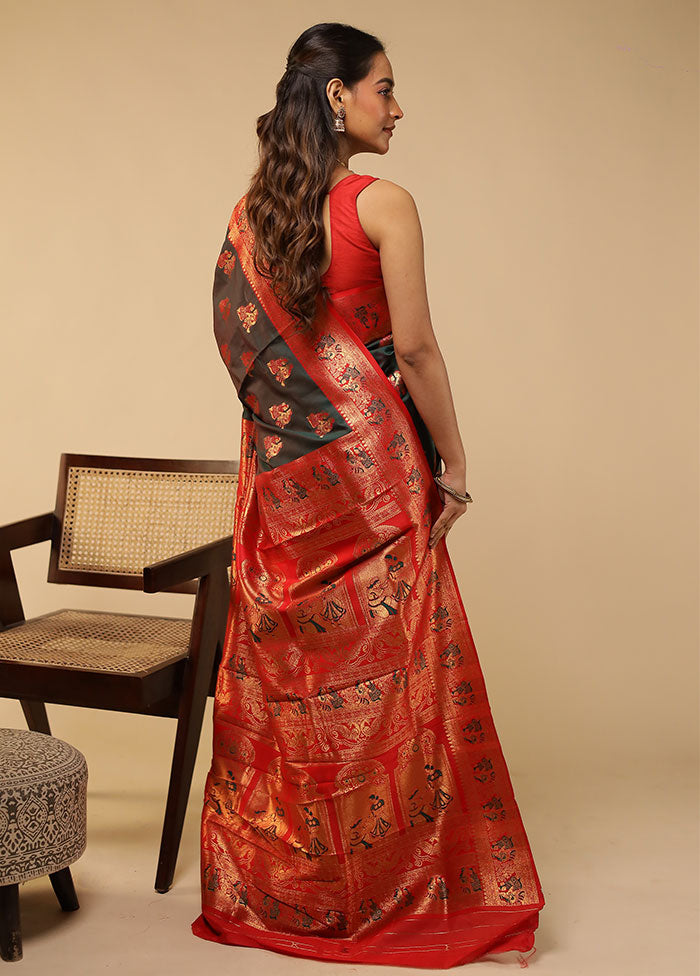 Green Baluchari Silk Saree With Blouse Piece