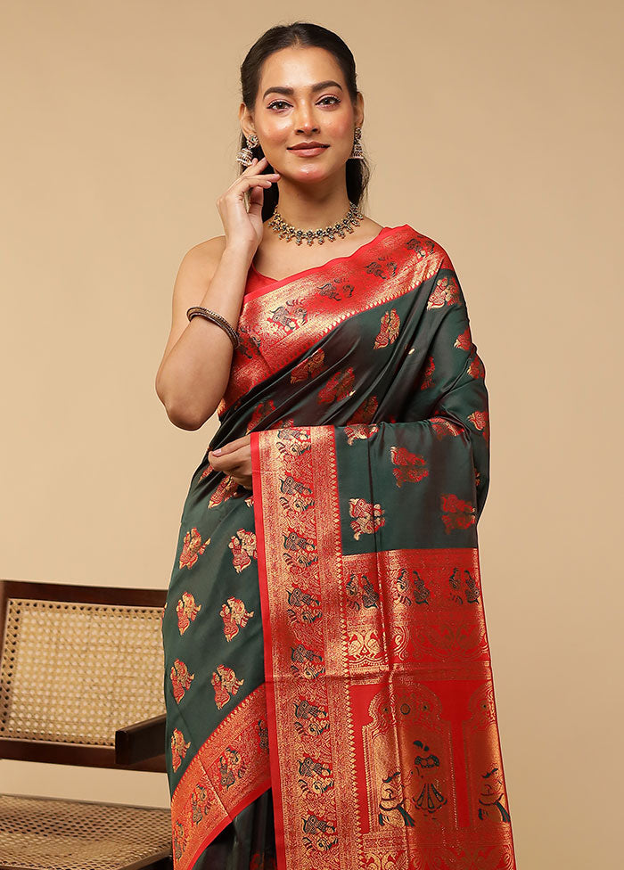 Green Baluchari Silk Saree With Blouse Piece