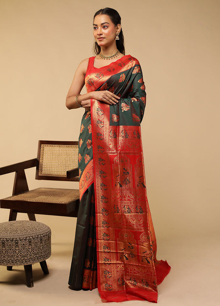 Green Baluchari Silk Saree With Blouse Piece