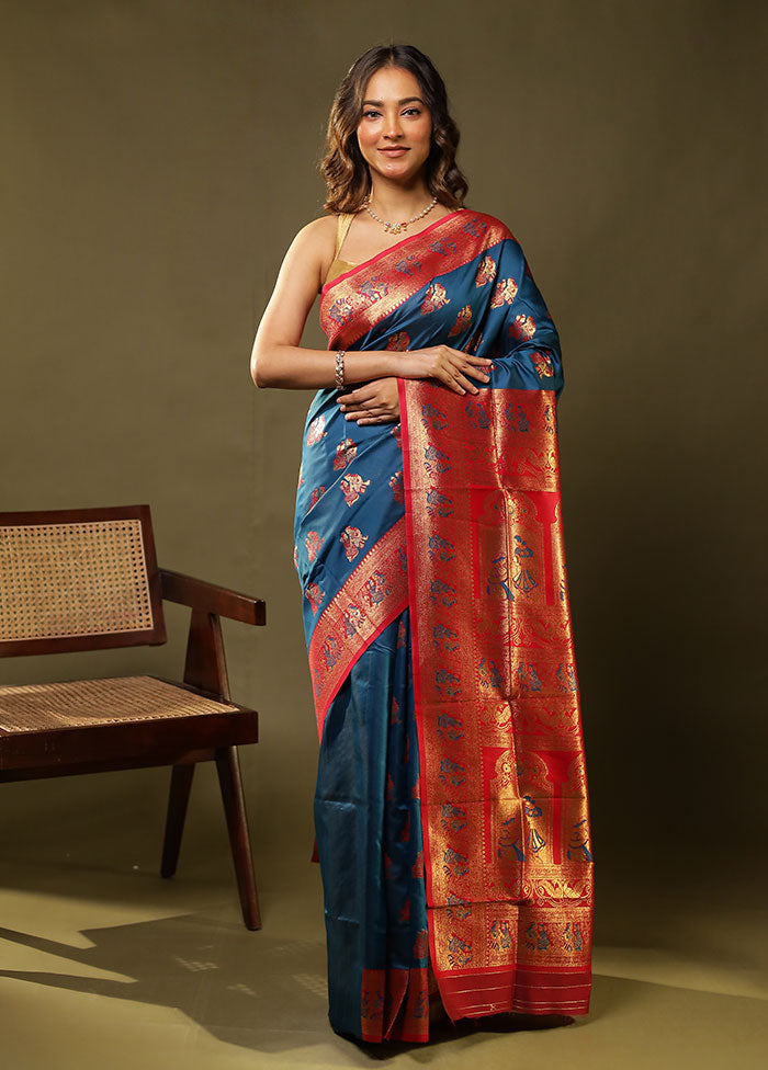 Blue Baluchari Silk Saree With Blouse Piece