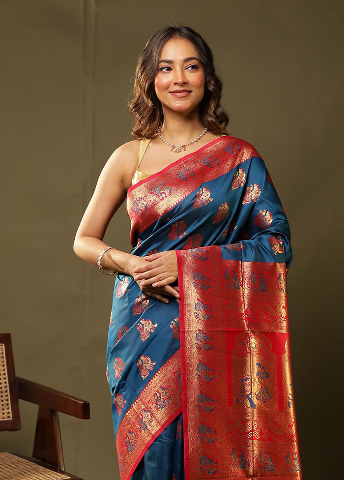 Blue Baluchari Silk Saree With Blouse Piece