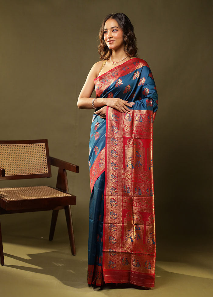 Blue Baluchari Silk Saree With Blouse Piece