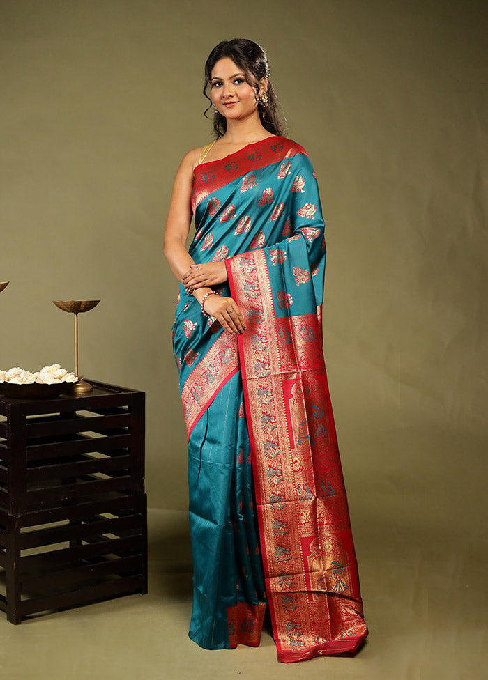 Blue Baluchari Silk Saree With Blouse Piece