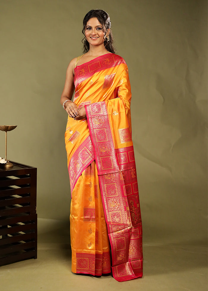 Yellow Baluchari Silk Saree With Blouse Piece
