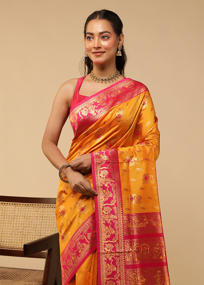 Yellow Baluchari Silk Saree With Blouse Piece