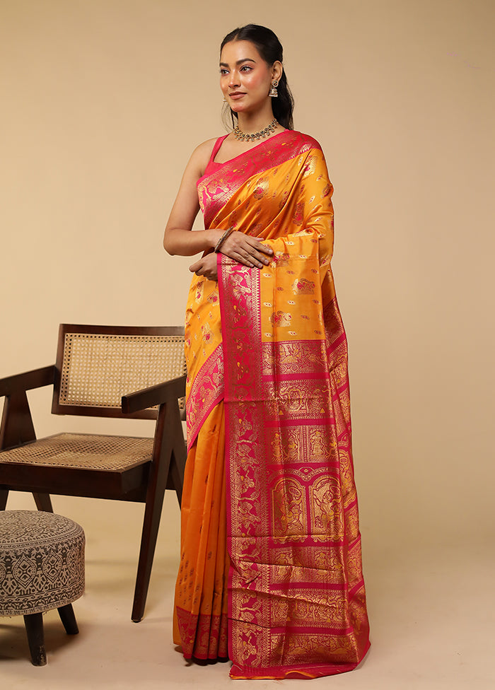 Yellow Baluchari Silk Saree With Blouse Piece