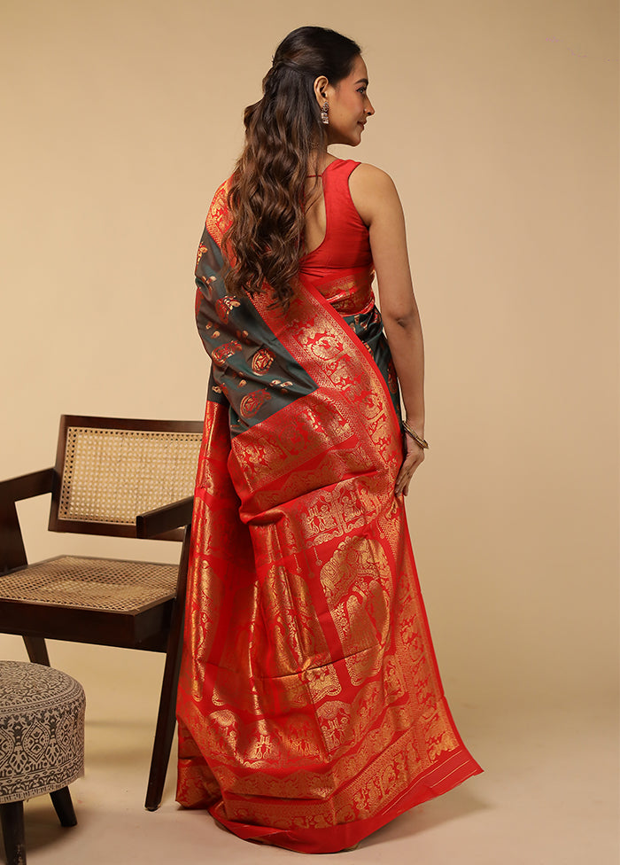 Green Baluchari Silk Saree With Blouse Piece