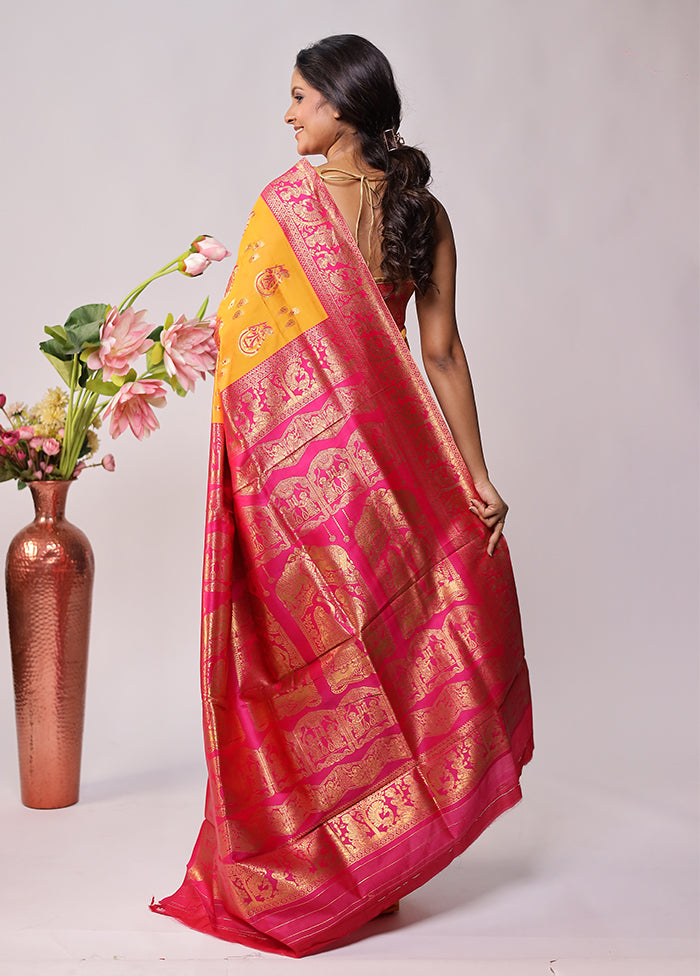 Yellow Baluchari Silk Saree Without Blouse Piece
