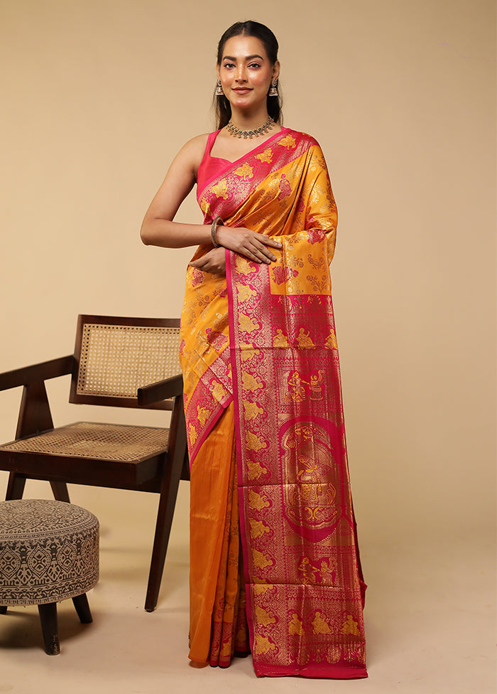 Yellow Baluchari Silk Saree With Blouse Piece