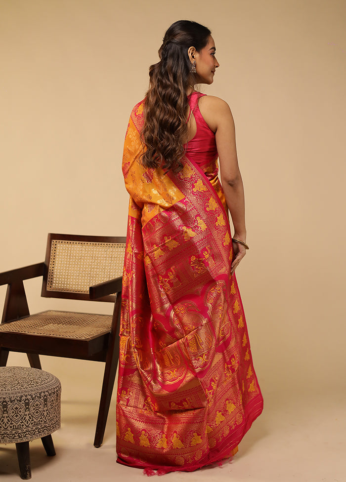 Yellow Baluchari Silk Saree With Blouse Piece