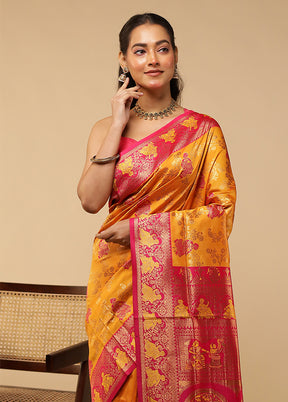 Yellow Baluchari Silk Saree With Blouse Piece
