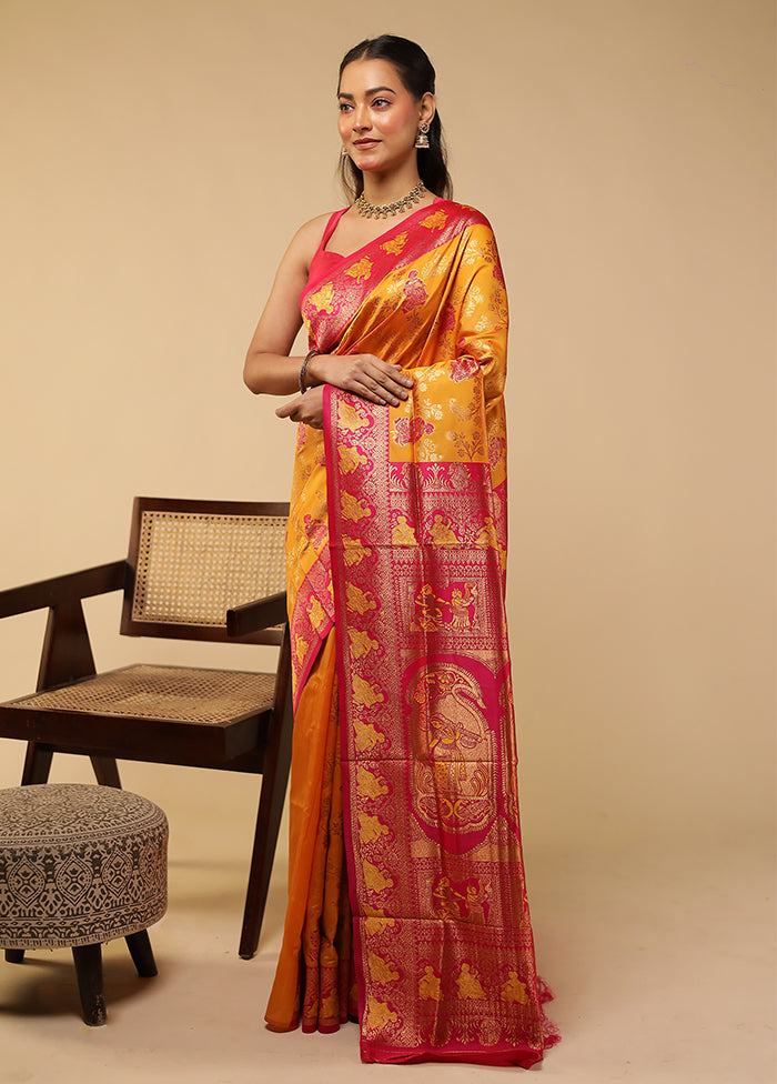 Yellow Baluchari Silk Saree With Blouse Piece