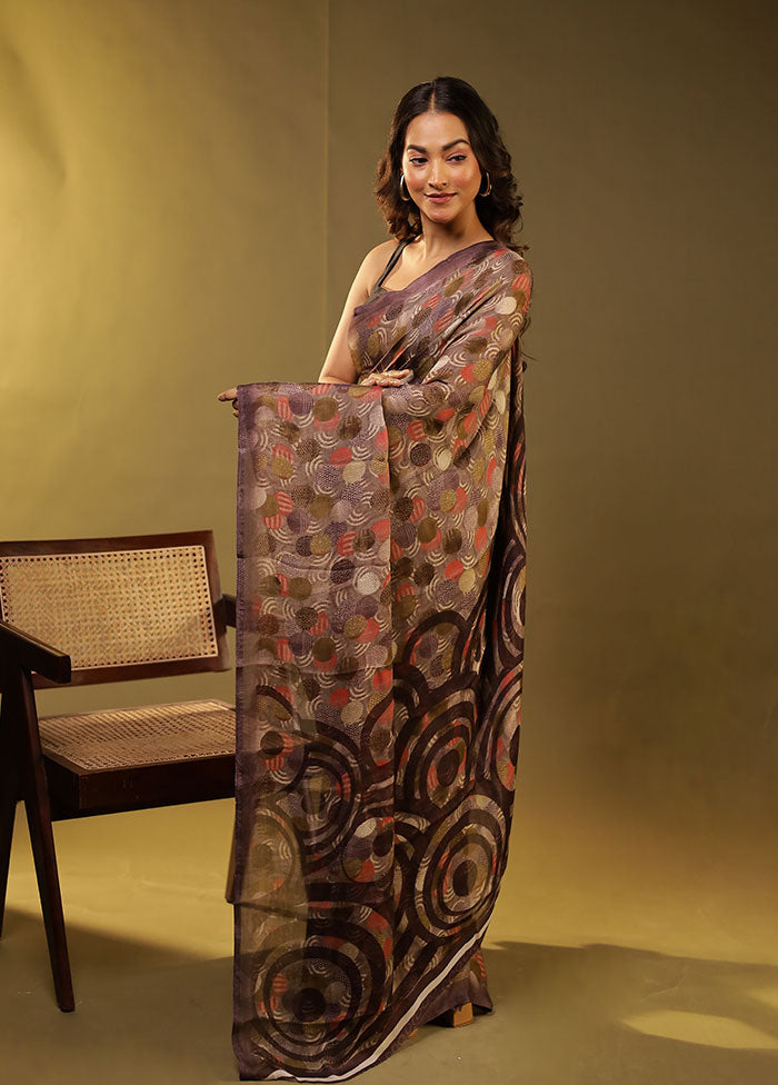 Cream Chiffon Silk Saree With Blouse Piece