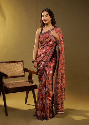 Purple Printed Silk Saree Without Blouse Piece