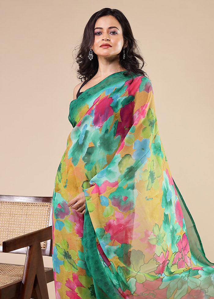 Green Chiffon Silk Saree With Blouse Piece