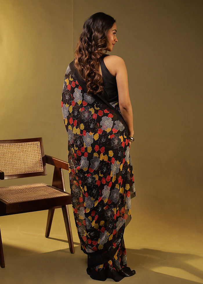 Black Chiffon Silk Saree With Blouse Piece
