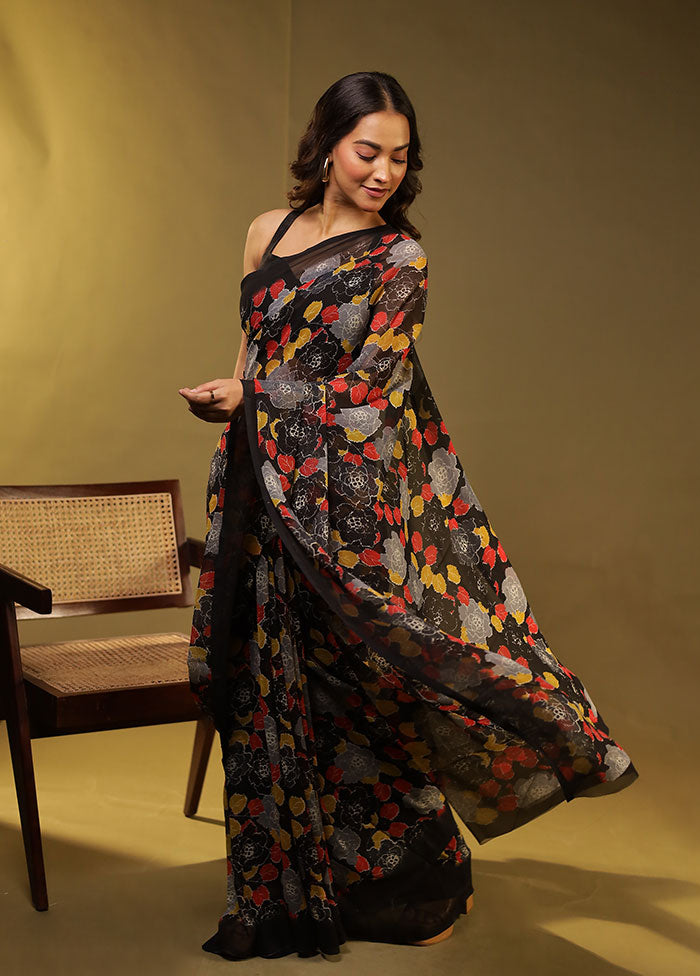Black Chiffon Silk Saree With Blouse Piece