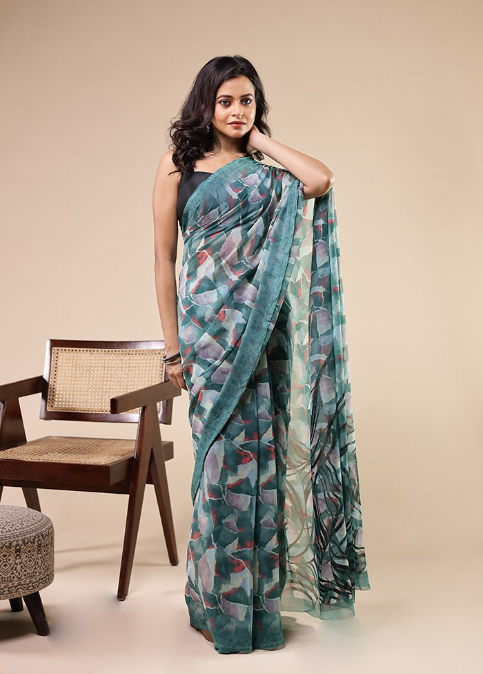 Monsoon Mustard Duo – Blue Printed Silk & Multicolor Chiffon Sarees