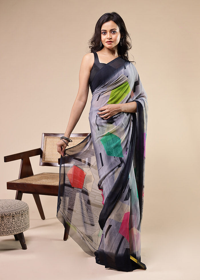 Grey Chiffon Silk Saree With Blouse Piece