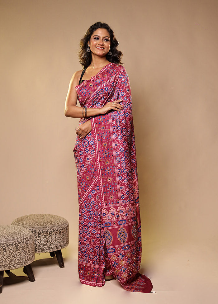 Pink Printed Silk Saree Without Blouse Piece