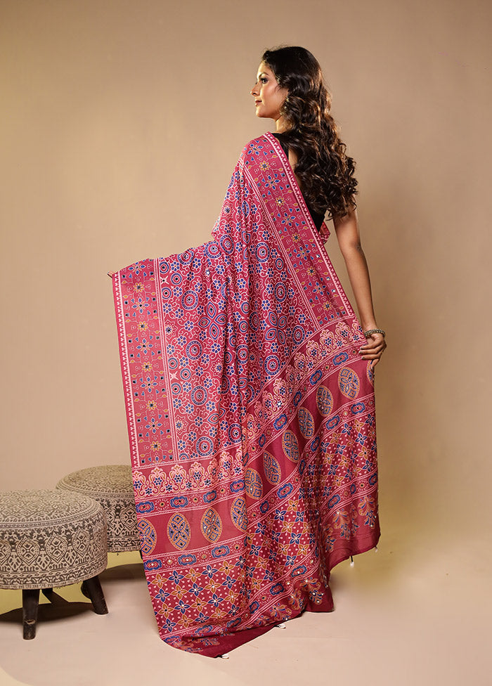 Pink Printed Silk Saree Without Blouse Piece