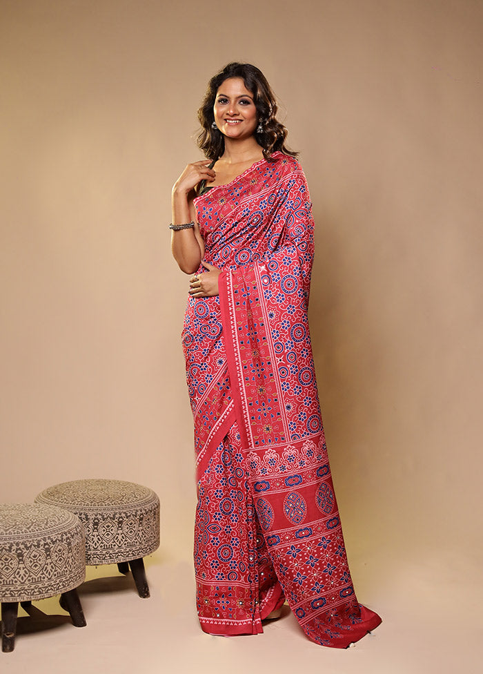 Pink Printed Silk Saree Without Blouse Piece